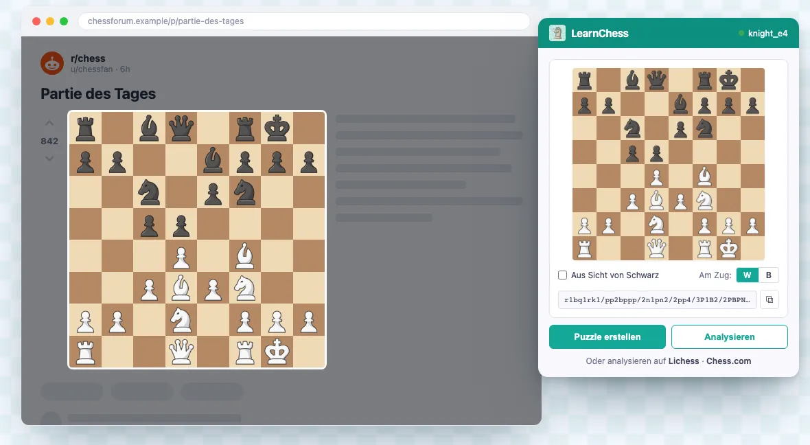 Die LearnChess-Erweiterung für Chrome erfasst eine Schachstellung im Browser