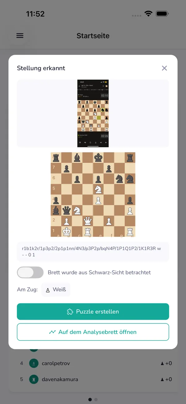LearnChess erkennt eine Schachstellung aus einem hochgeladenen Screenshot
