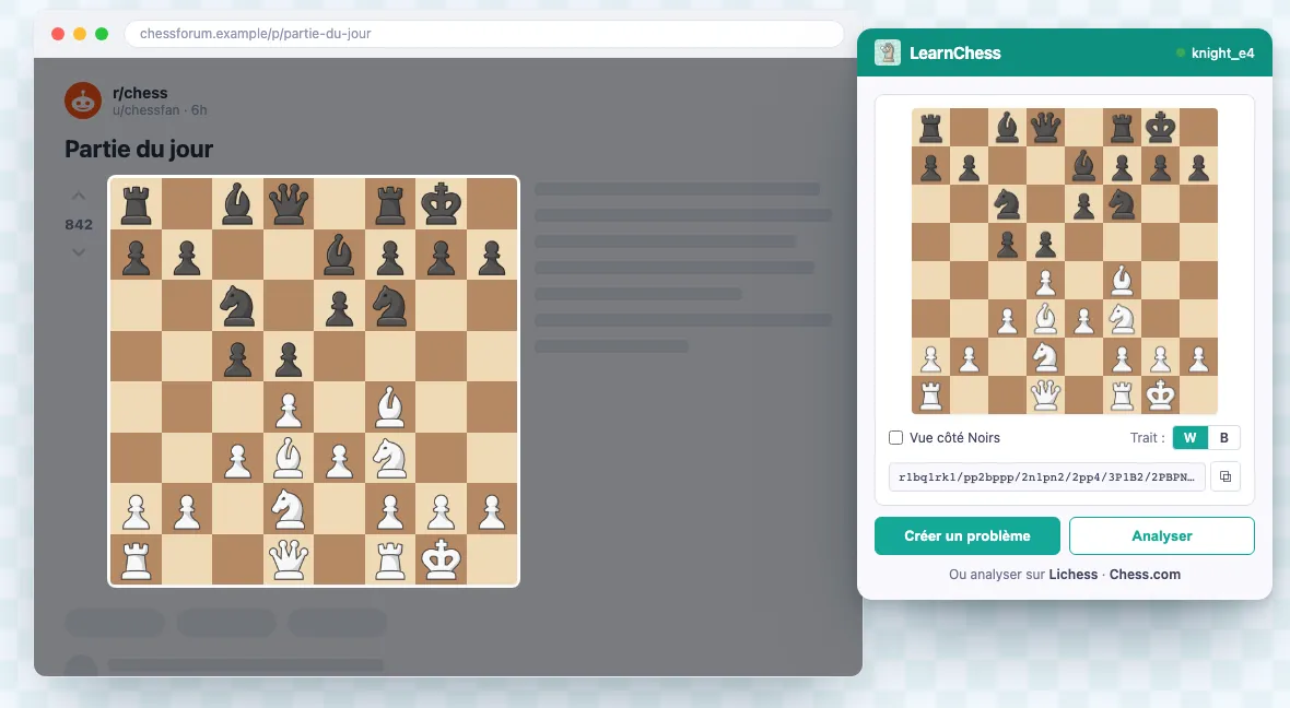 L'extension LearnChess pour Chrome capturant une position d'échecs dans le navigateur