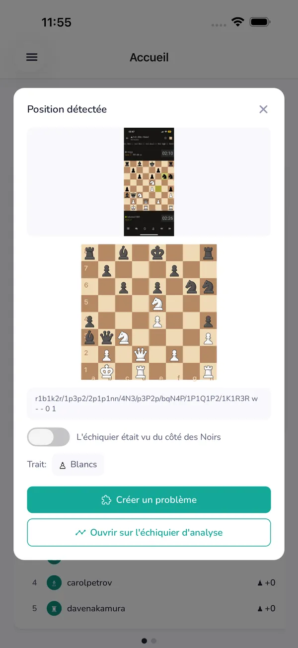 LearnChess reconnaissant une position d'échecs à partir d'une capture d'écran