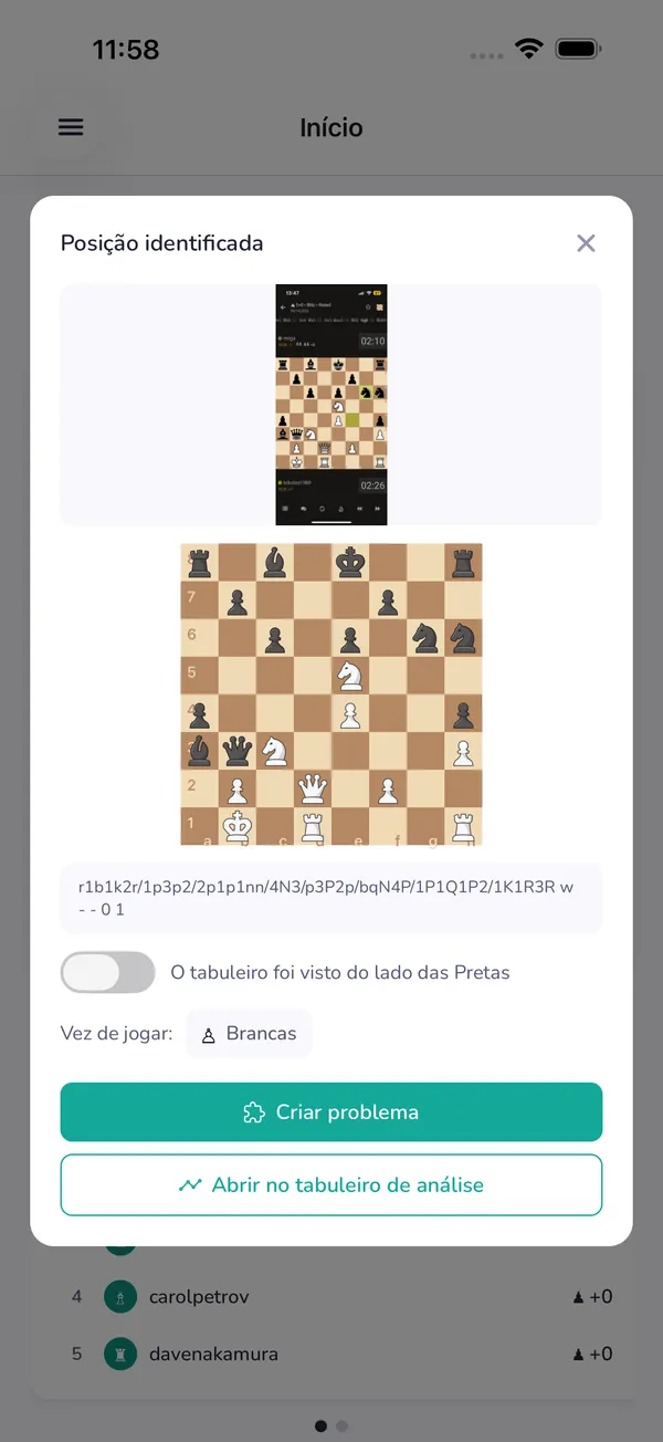 O LearnChess reconhecendo uma posição de xadrez a partir de um print enviado