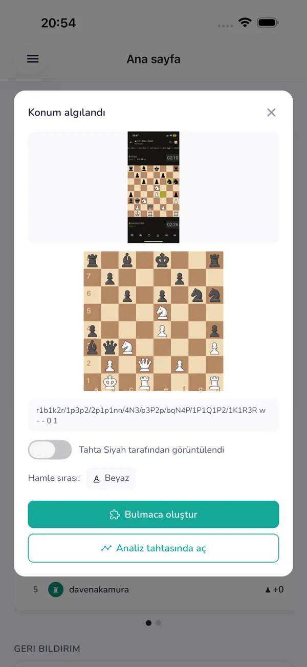 LearnChess, yüklenen bir ekran görüntüsünden satranç pozisyonunu tanırken
