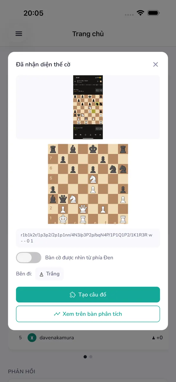 LearnChess nhận diện một thế cờ từ ảnh chụp màn hình được tải lên